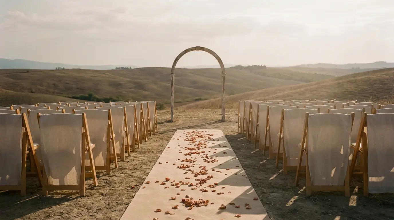 An empty wedding ceremony aisle between linen-draped chairs in late-afternoon light.
