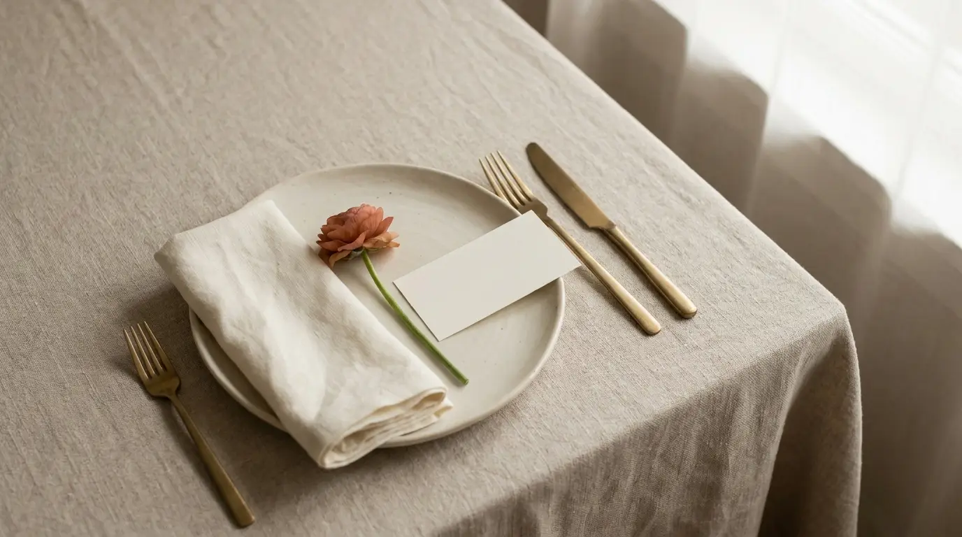 Overhead wedding place setting on oat linen with a blank place card and a terracotta stem.