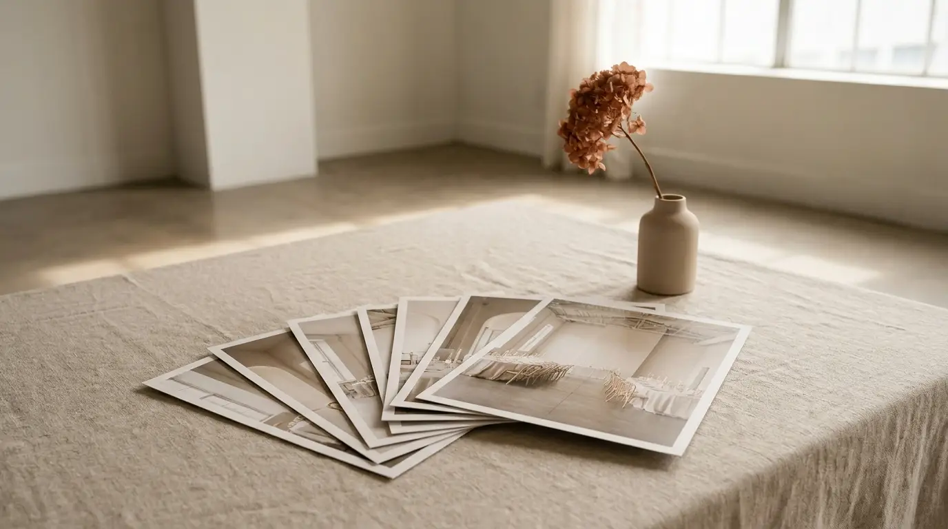 Printed wedding venue photographs fanned across a linen table.