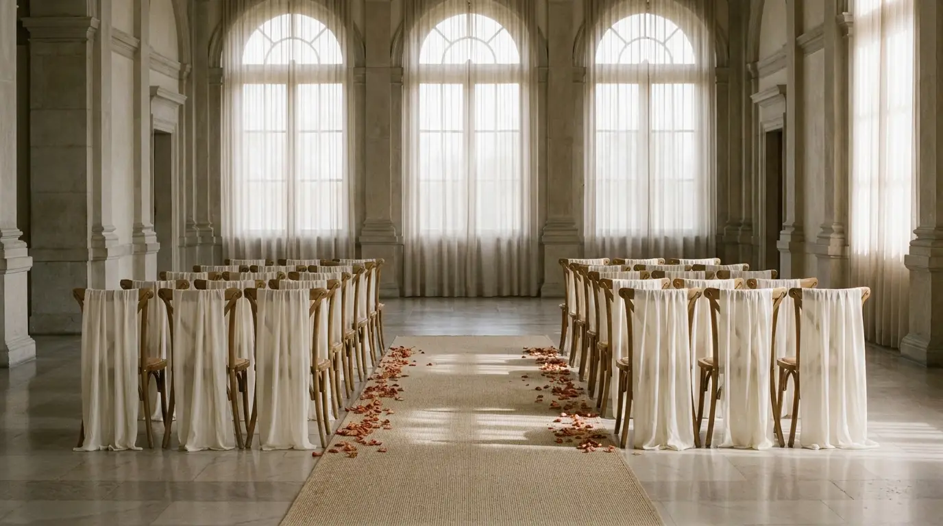 Ceremony chair rows forming an aisle with terracotta petals in an empty hall.