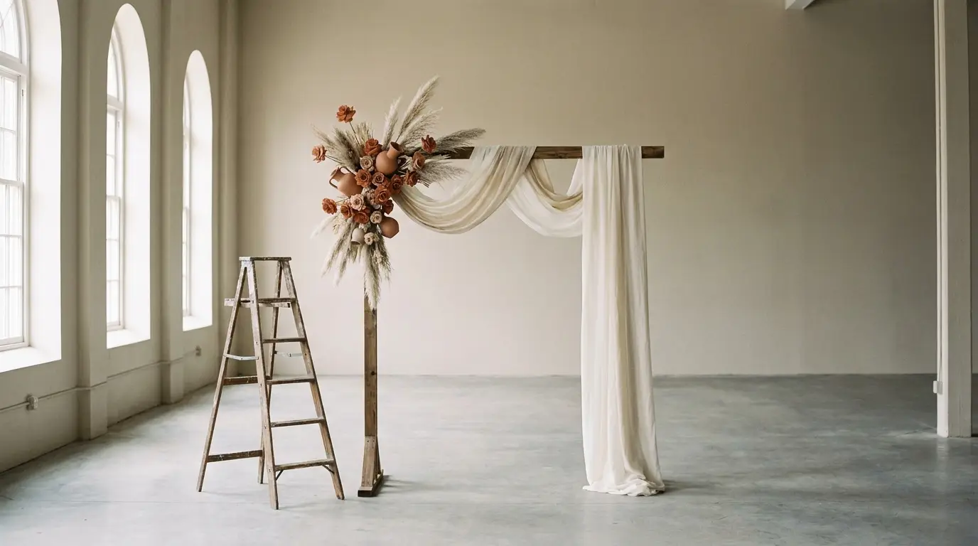 A wedding ceremony arch partly draped in ivory fabric during setup in an empty hall.