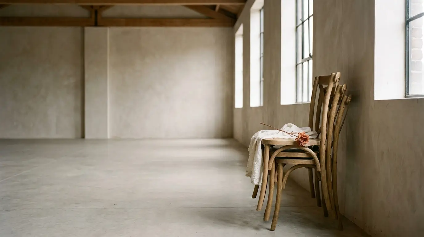 Stacked chairs and an ivory linen swatch in an empty wedding venue during a site visit.