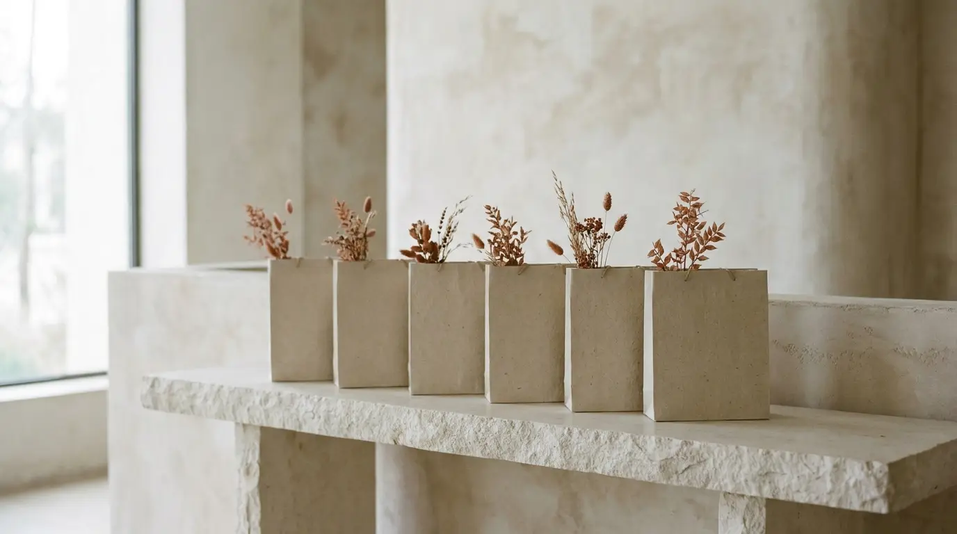 A row of paper wedding welcome bags with dried terracotta sprigs on a stone console.