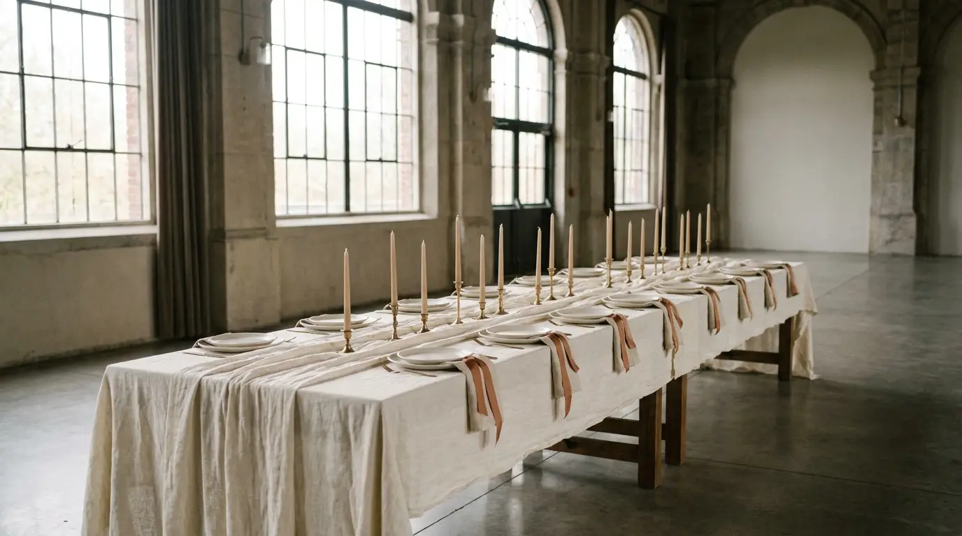 A dressed wedding reception table in ivory linen inside a tall-windowed venue hall.