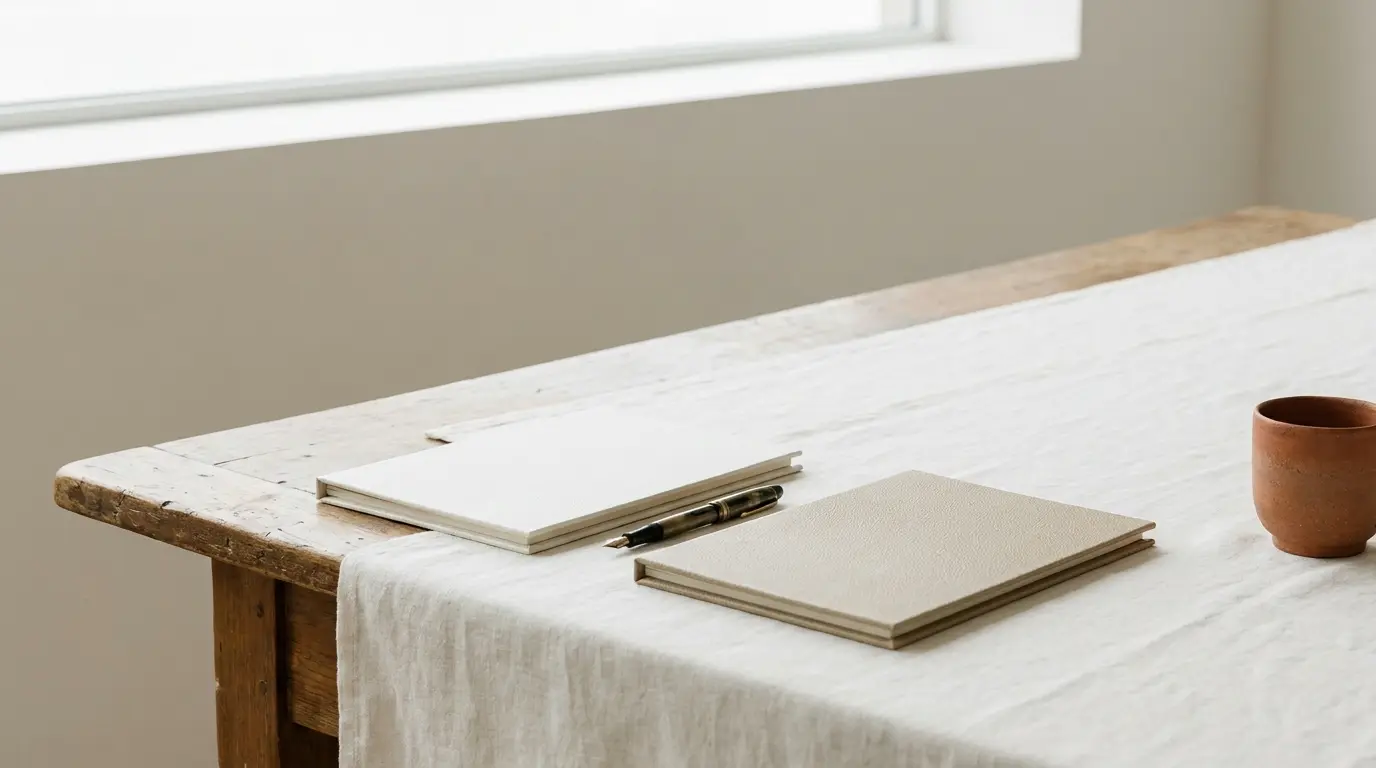 Two closed folders side by side on an ivory table with a pen between them.