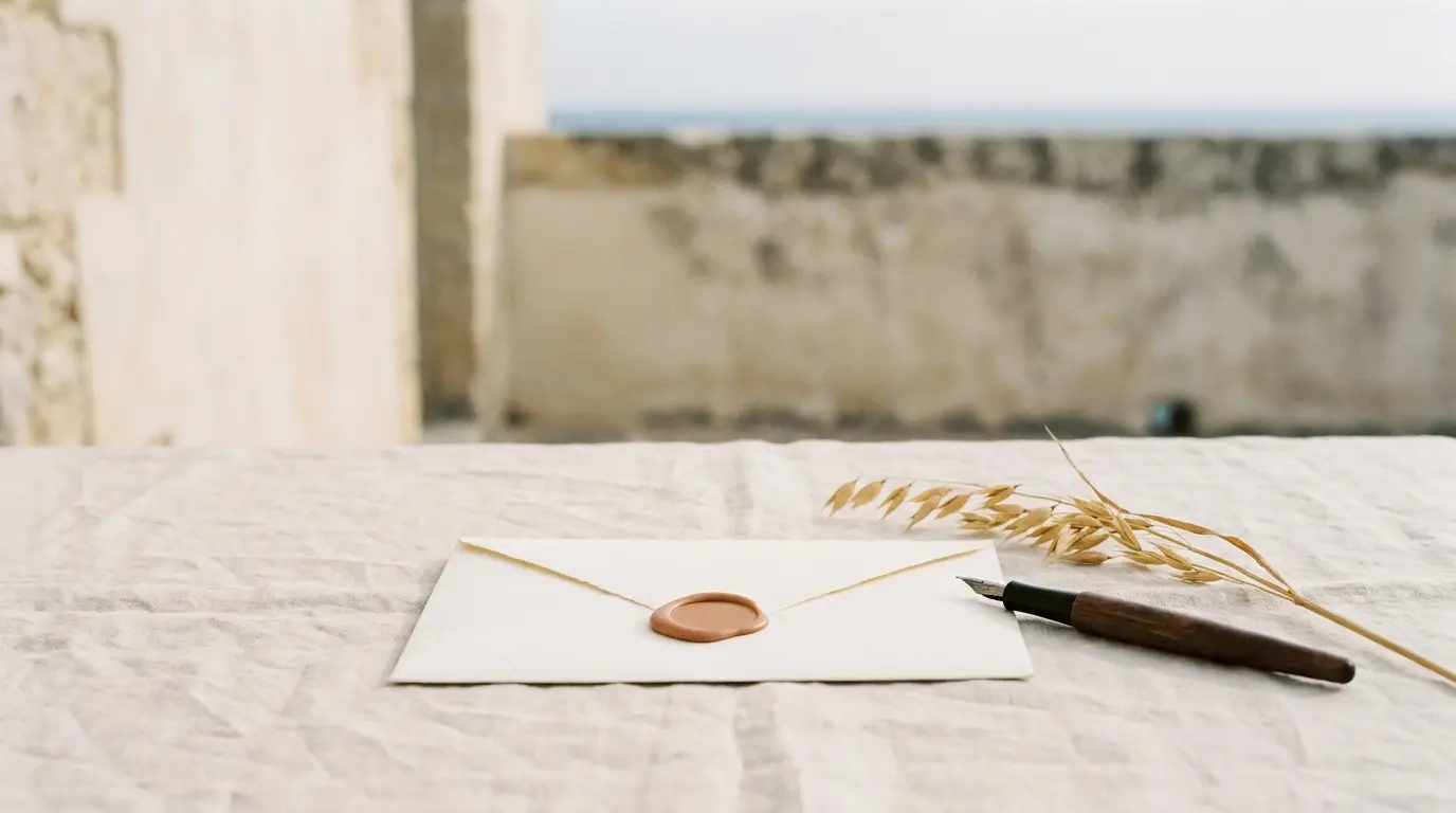 A sealed ivory envelope with a terracotta wax seal beside a fountain pen.
