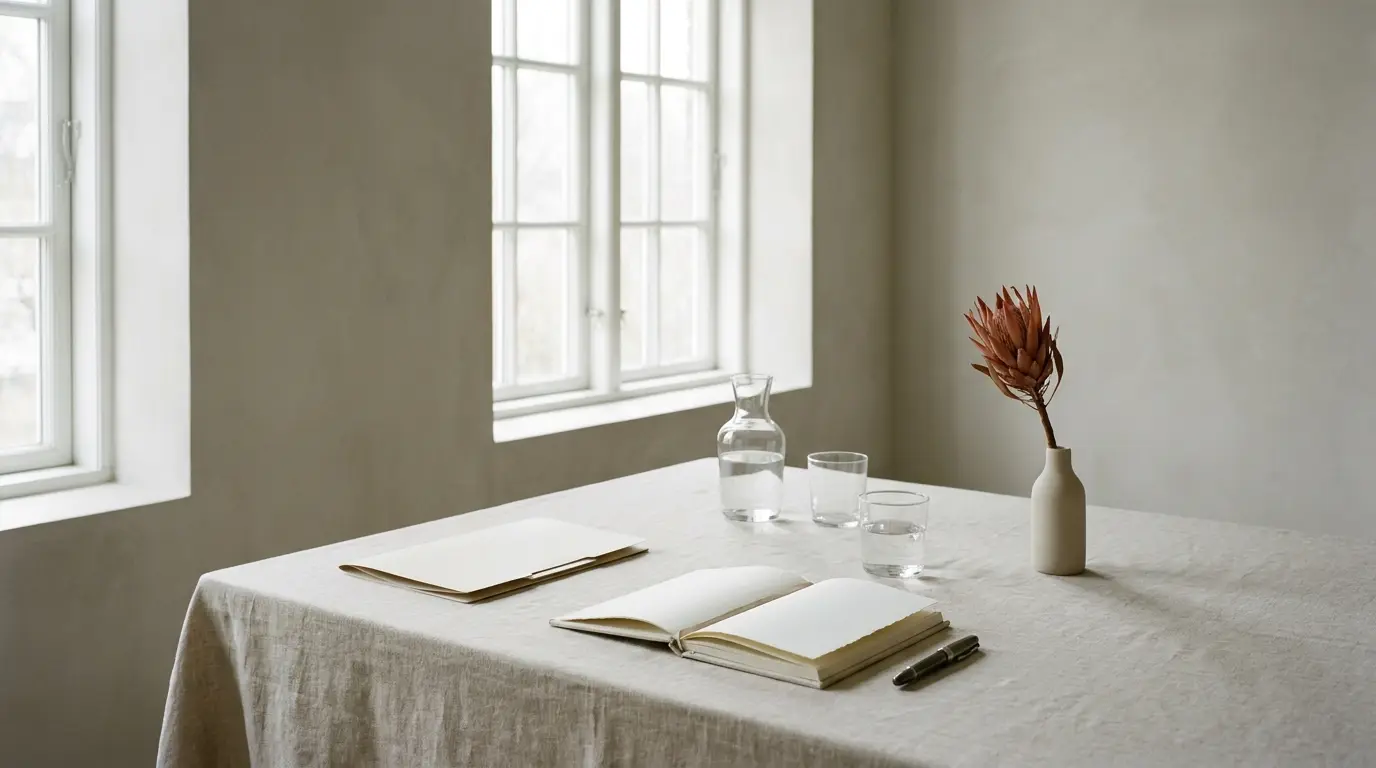 A consultation table with a blank notebook, pen, folder and a terracotta flower stem.