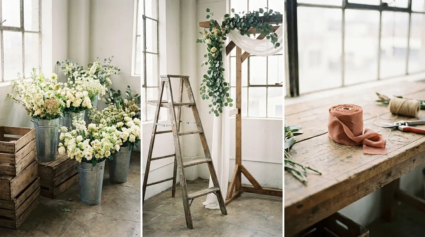 A florist workroom with buckets of loose stems, crates and a ladder beside a half-built wedding arch.