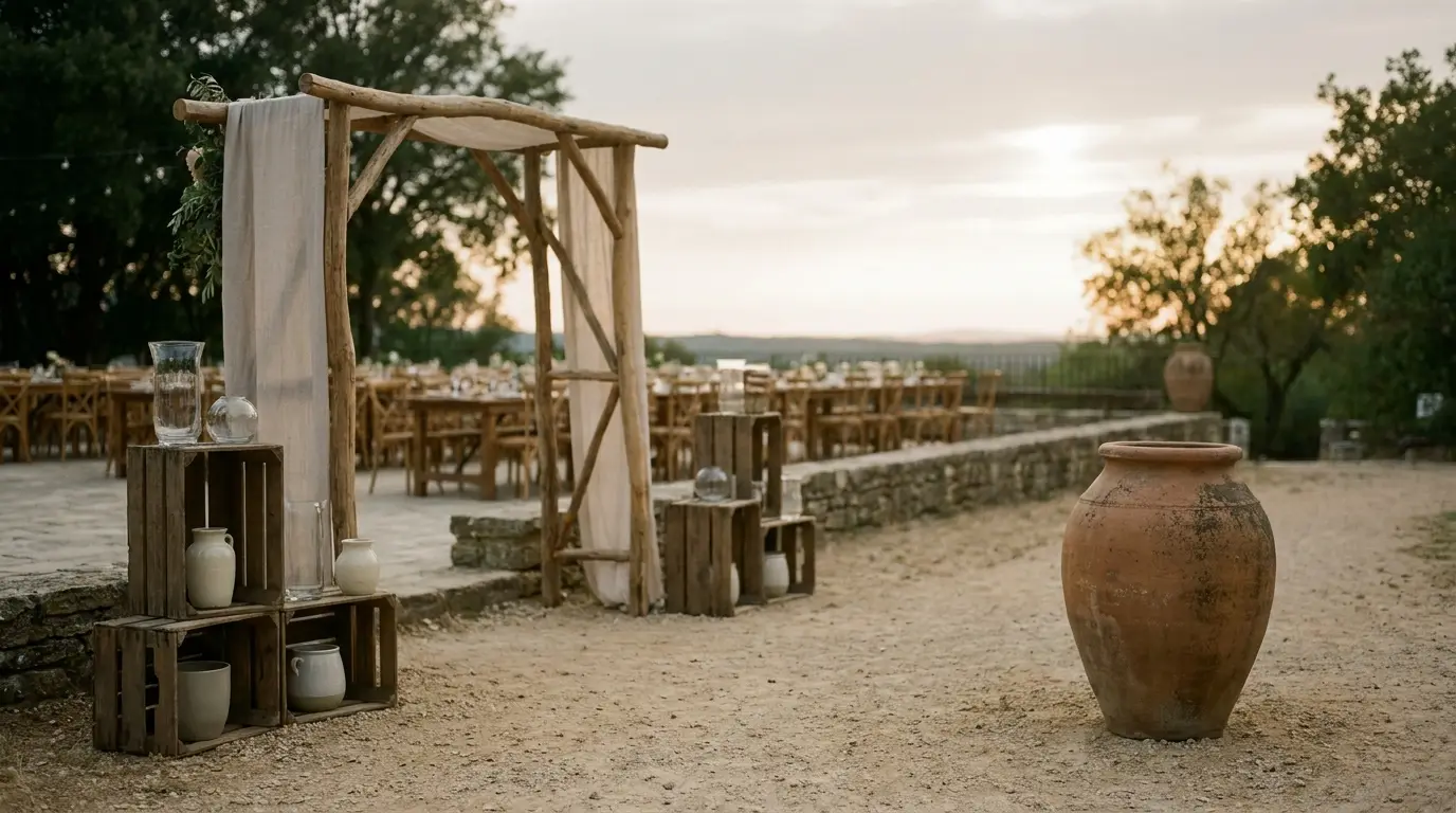 A partially disassembled wedding arch and crates of empty vessels during teardown after a reception.