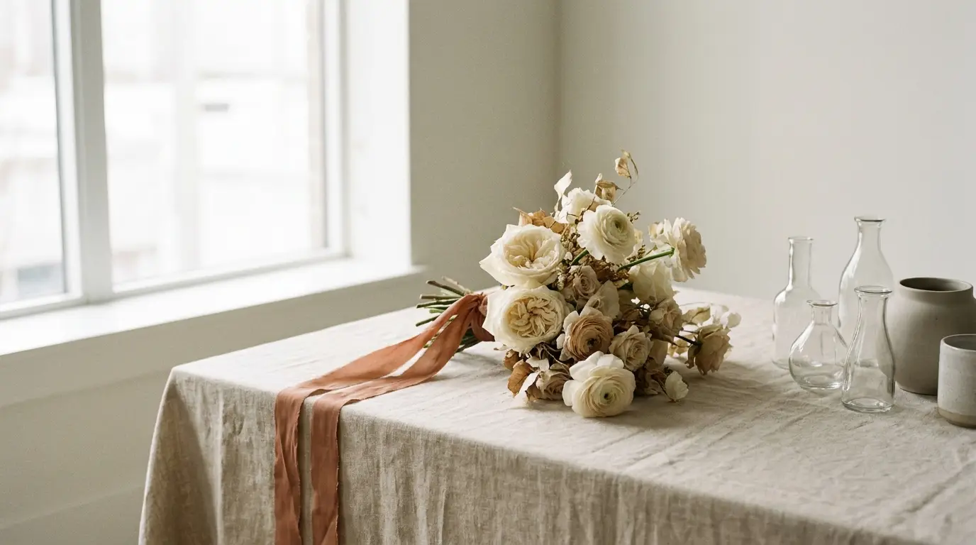 An ivory bridal bouquet with a terracotta ribbon resting on a linen table beside empty bud vases.