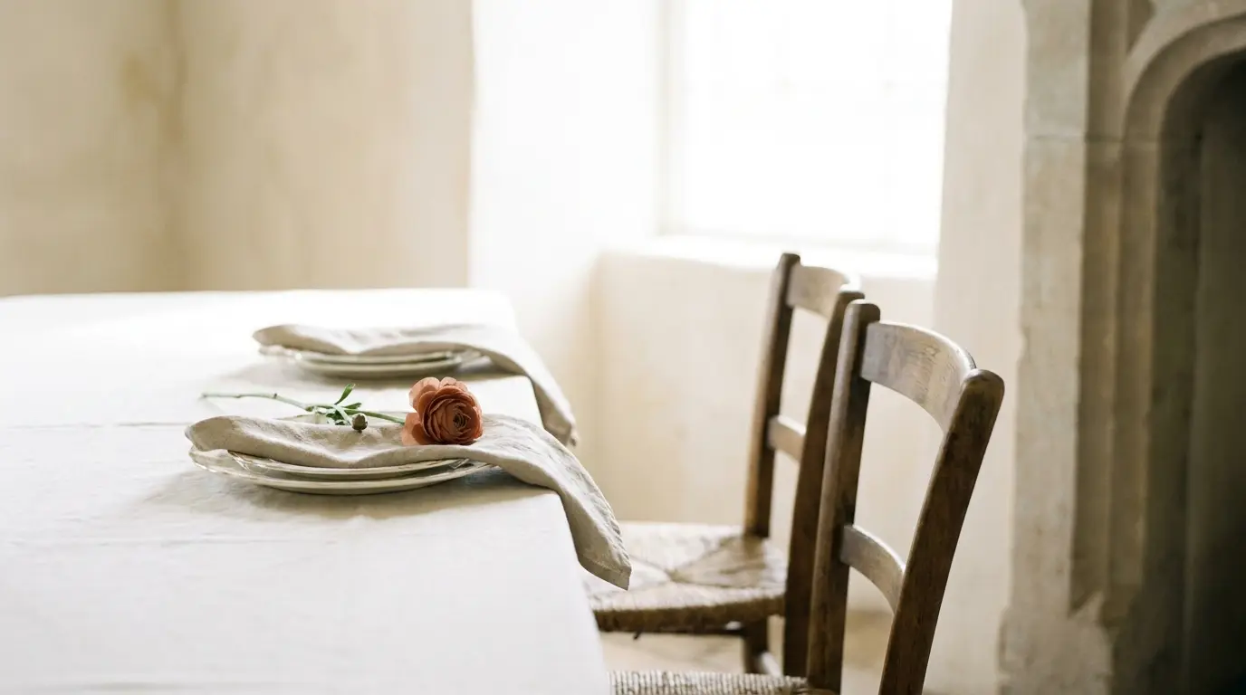 Two wedding place settings side by side on ivory linen with a single terracotta flower laid between the plates.