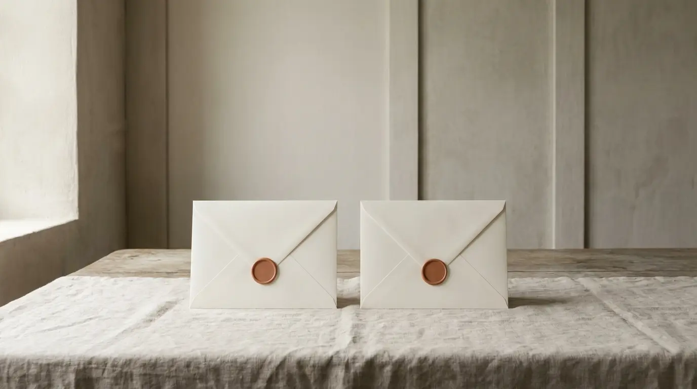 Two identical sealed ivory wedding envelopes with matching terracotta wax seals lying side by side on oat linen.