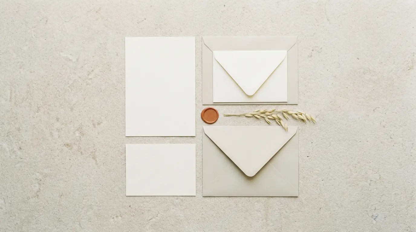 Overhead view of a blank ivory wedding invitation suite with nested envelopes and a terracotta wax seal on pale stone.