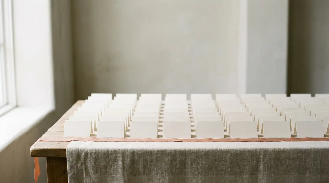 A grid of blank ivory escort cards on an oat linen table with a terracotta ribbon beneath the bottom row.