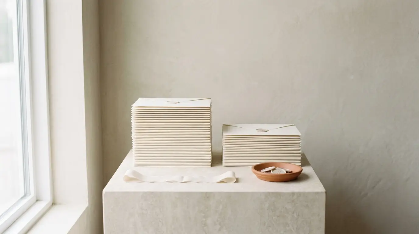 Two stacks of sealed blank ivory wedding invitation envelopes beside a terracotta wax seal dish.