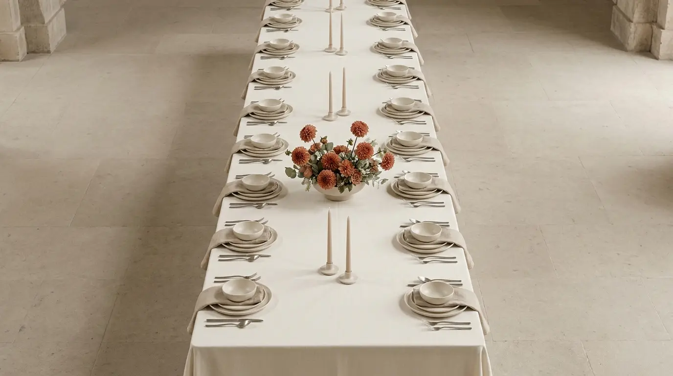 Overhead view of a long wedding reception table with rows of ivory place settings and a single terracotta floral centerpiece.