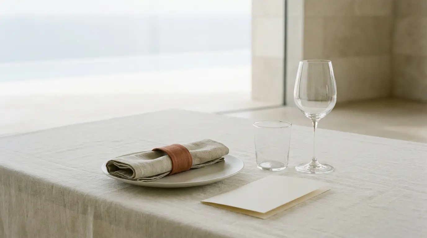 One plated wedding dinner place setting with a blank folded card beside the plate.