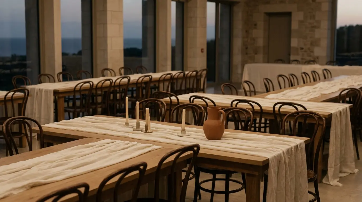 An empty wedding reception room at the end of the night with cleared tables and burned-down candles.