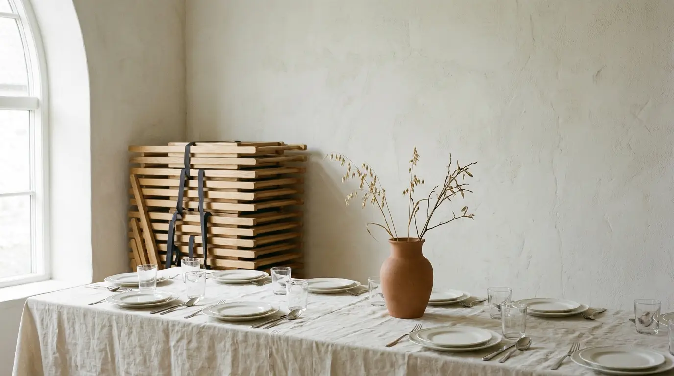 A set wedding banquet table with a stack of rental chairs still strapped for delivery behind it.