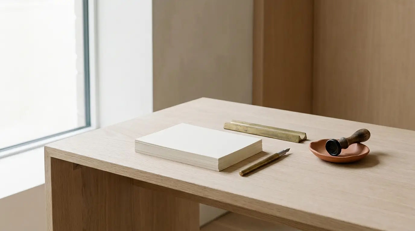 Blank invitation cards stacked on a desk beside a wax seal stamp in a small ceramic dish.