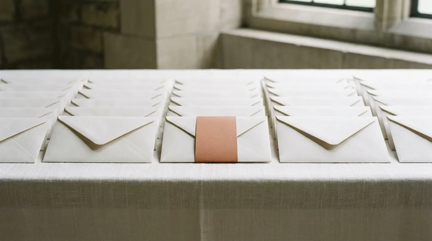 Rows of sealed white envelopes arranged edge to edge, one banded in terracotta paper.