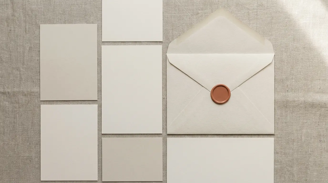 A blank wedding invitation suite arranged in a grid on linen with one terracotta wax seal.