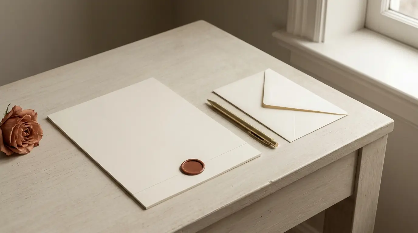 A sealed blank document beside a pen and envelope on a pale desk.