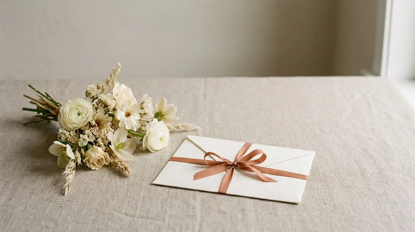 An envelope tied with terracotta ribbon beside a small wedding posy.