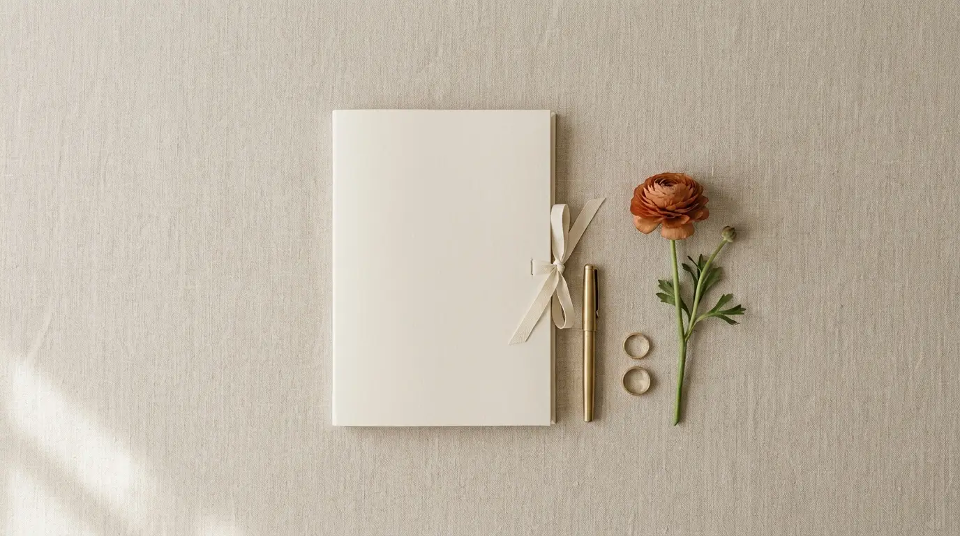 A closed document folio with a pen and two wedding bands arranged on oat linen.