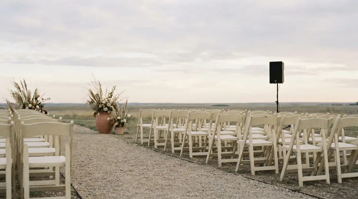 A ceremony speaker standing beside an empty outdoor wedding aisle.