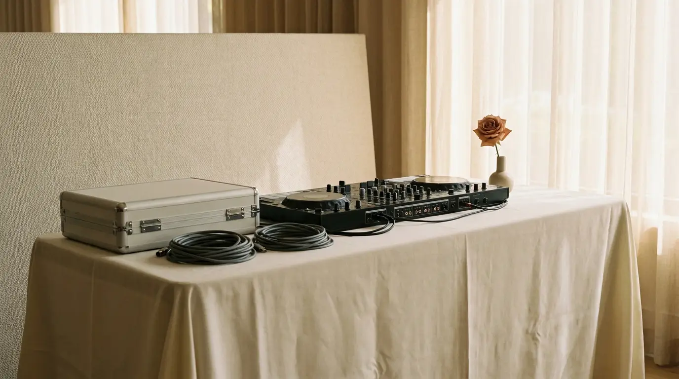 A DJ booth set up and waiting before a wedding reception begins.