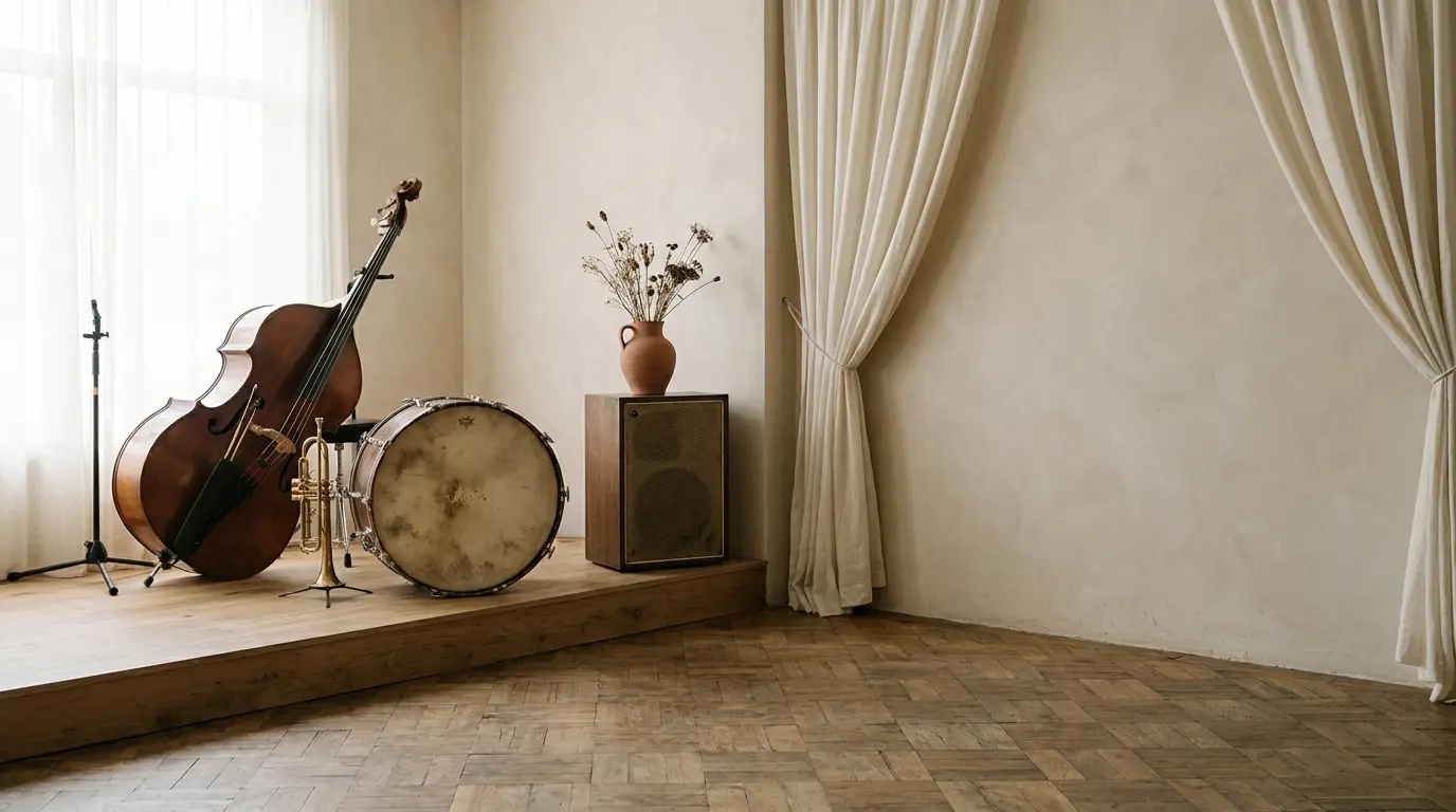 A band's instruments set up beside an empty wedding dance floor.