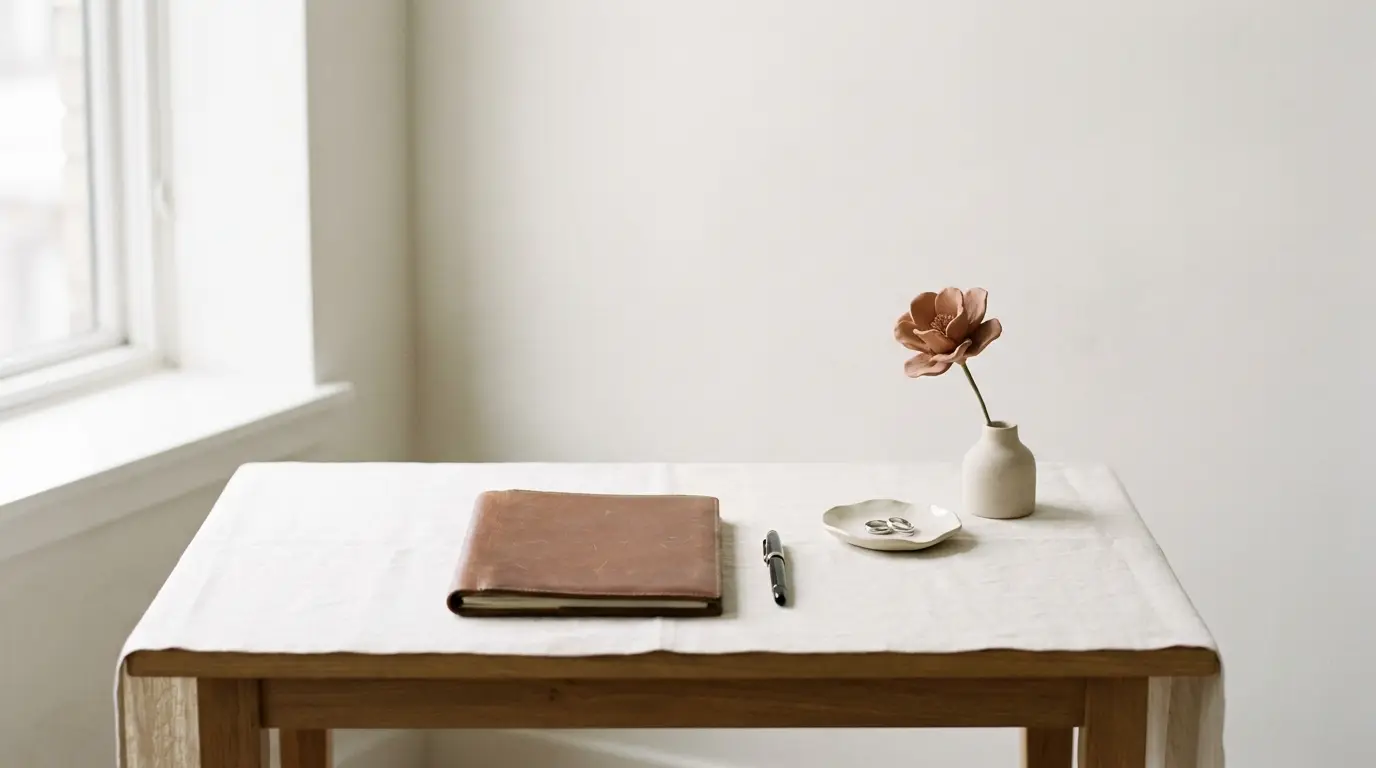 A signing table with a closed folio, fountain pen and two wedding bands in a ceramic dish.
