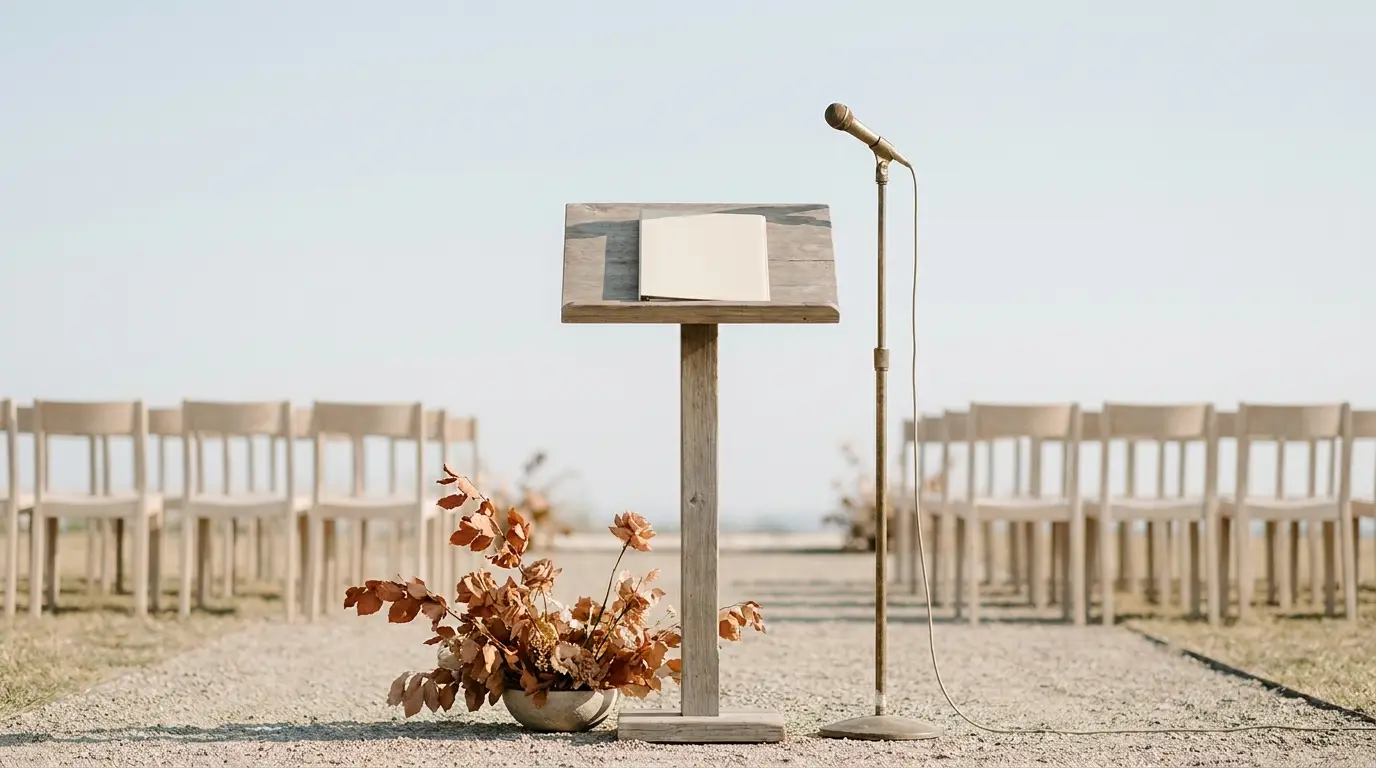 A wooden ceremony lectern with a closed folder and a microphone beside empty chairs.
