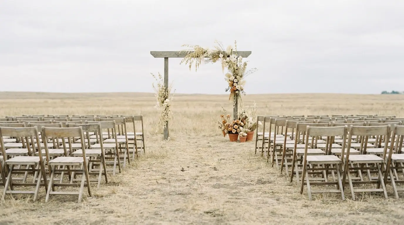 An empty wedding ceremony arch with ivory florals and rows of pale wooden chairs.