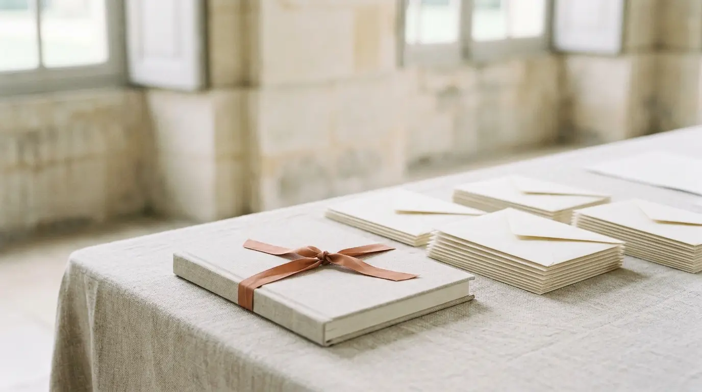 Linen notebook and stacked envelopes used to track wedding decisions.