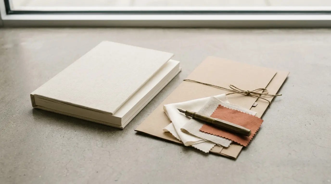 Wedding planning desk with a linen planner, document folder, pen and fabric swatches.