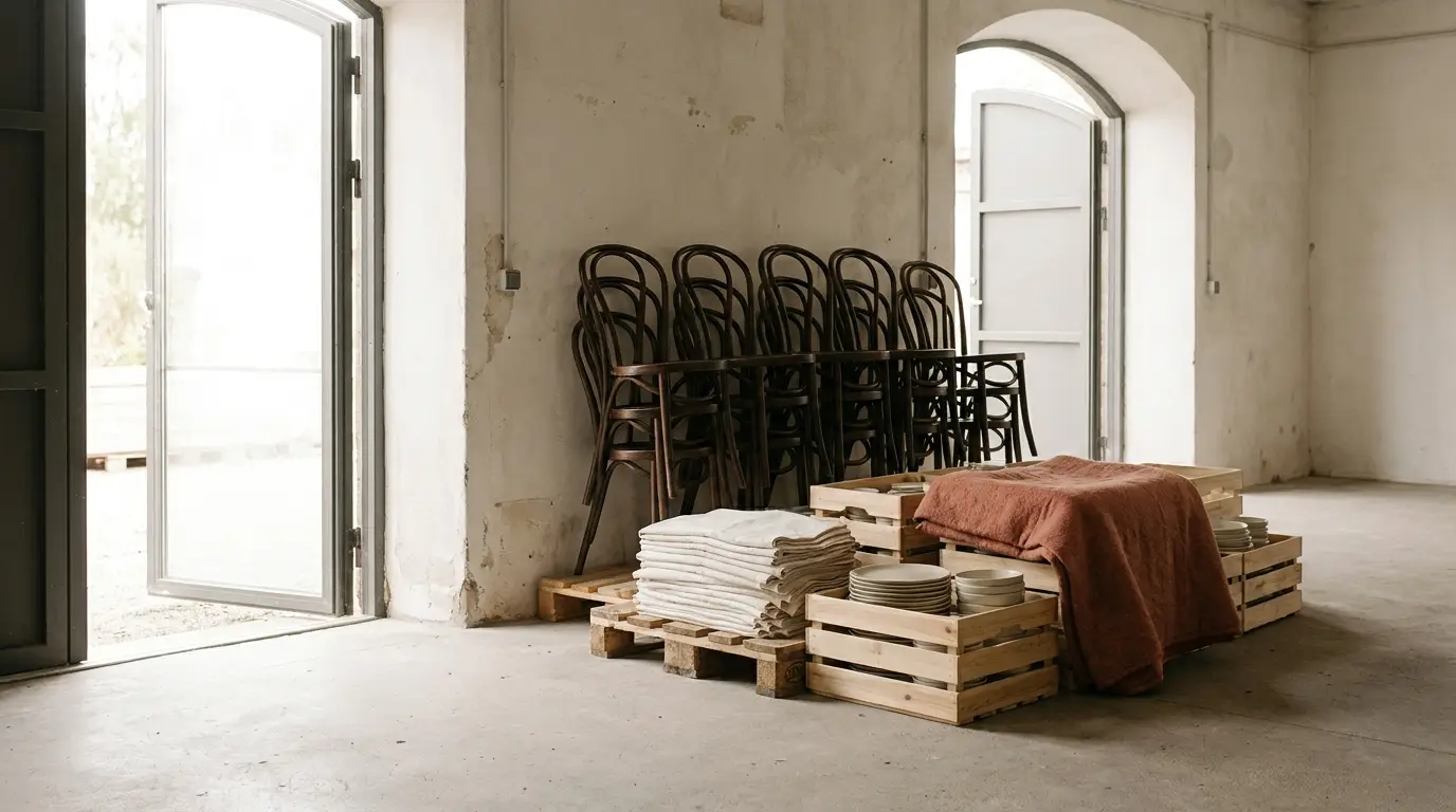 Stacked chairs, folded linens and crated tableware staged for delivery at the door of an empty wedding venue.