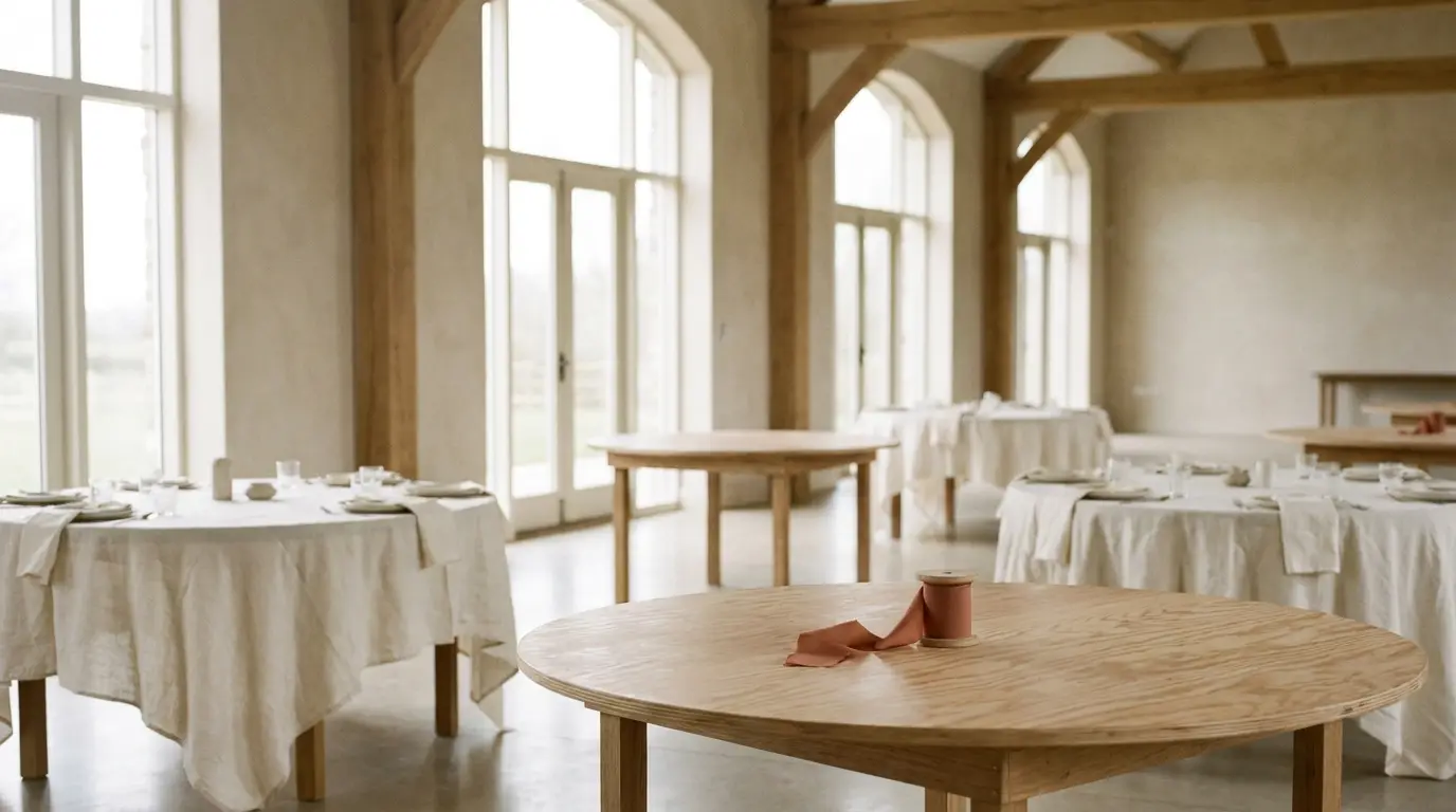 An empty wedding venue with tables half dressed in ivory cloths and one bare table holding a spool of terracotta ribbon.