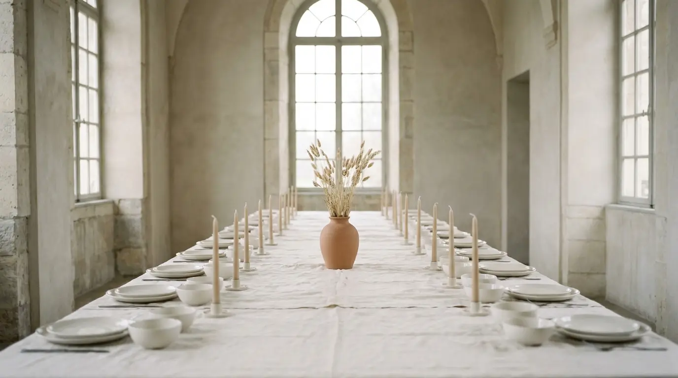 A long ivory-draped wedding banquet table set with candles and a single terracotta vase in a quiet hall.