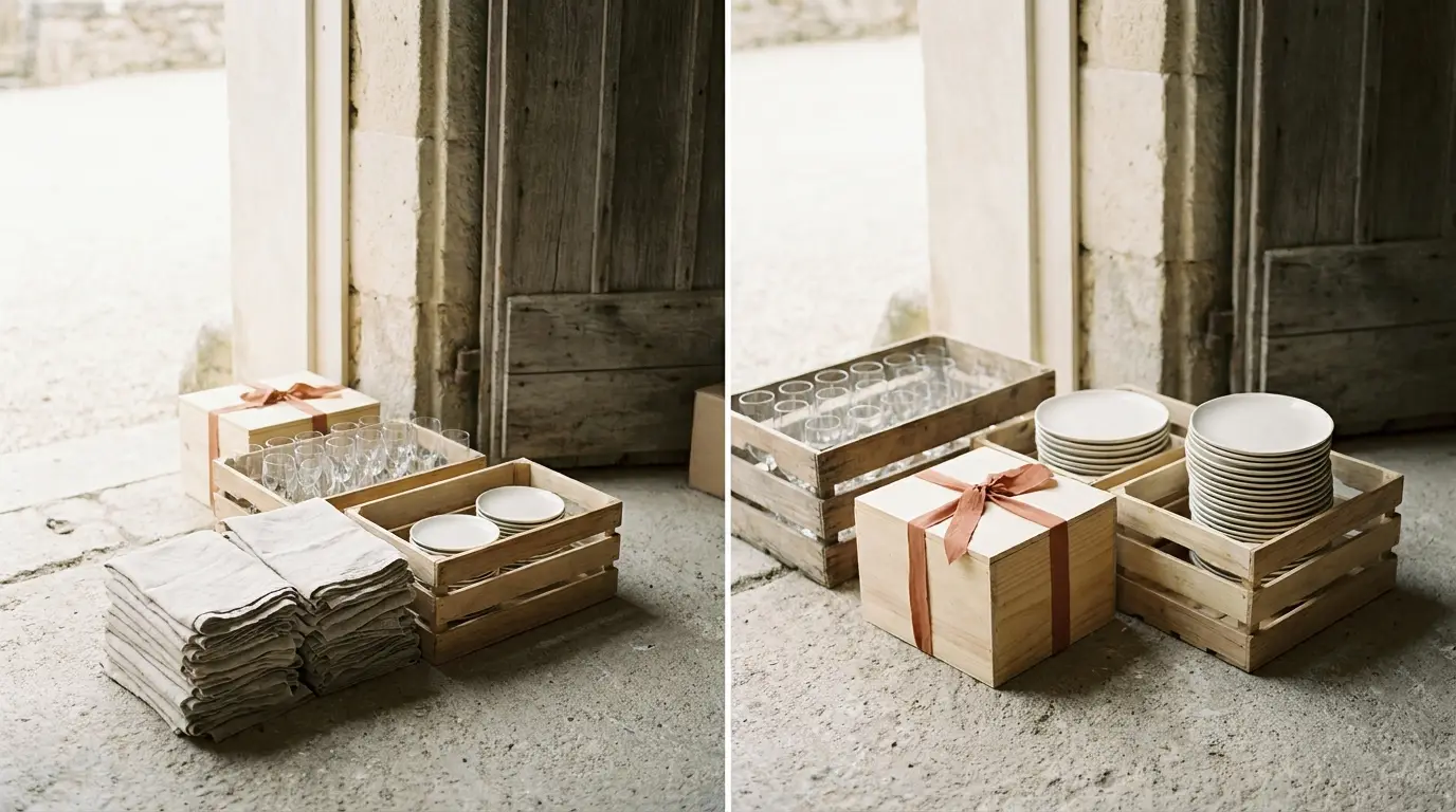 Crates of wedding glassware, folded linens and stacked plates staged at a venue service entrance.
