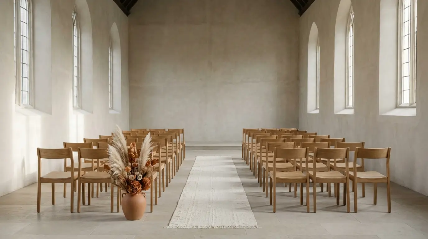 An empty wedding ceremony aisle set with chairs, a runner and flowers before guests arrive.