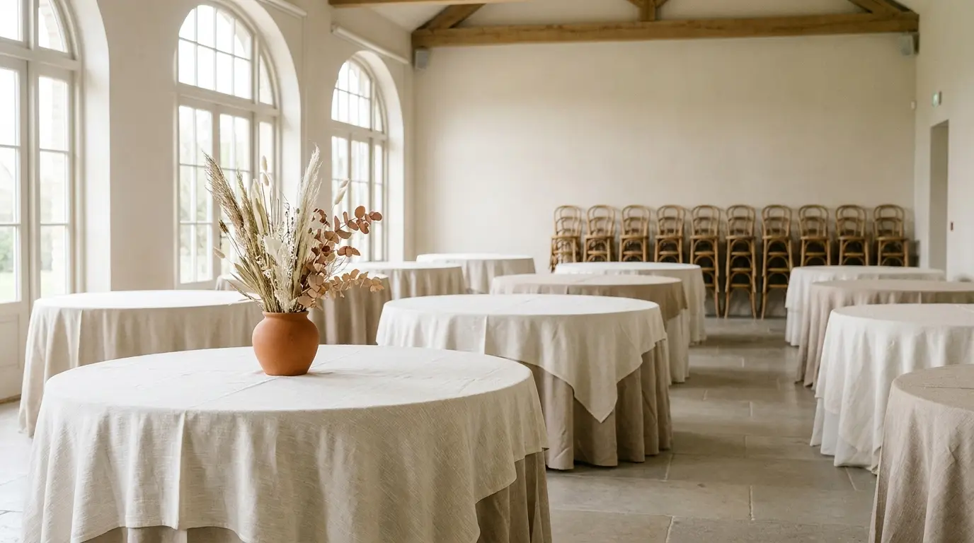 A wedding reception room mid-setup with linen-draped tables and stacked chairs.