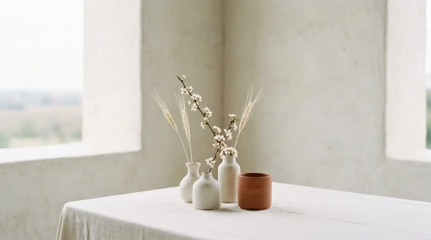 Three single-stem bud vases and a terracotta vessel as a minimal wedding centerpiece.