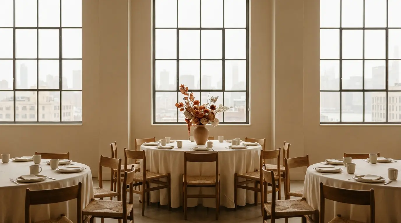 A small wedding reception room with three round tables set in ivory linens.