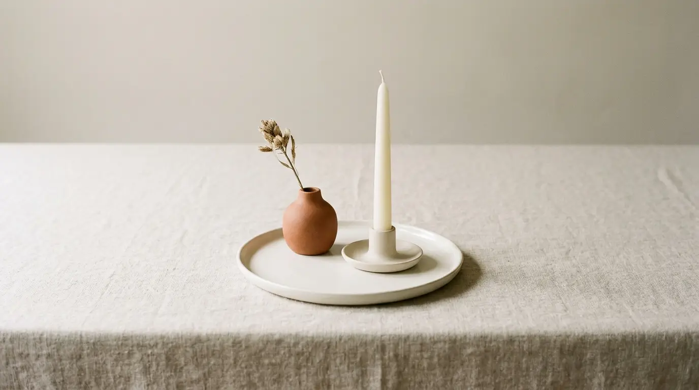 A single wedding place setting with a ceramic plate, taper candle and terracotta bud vase on oat linen.