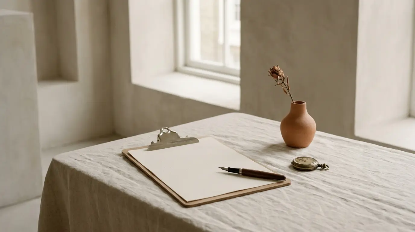 A clipboard holding a blank run-of-show sheet beside a pocket watch and a small terracotta vase.