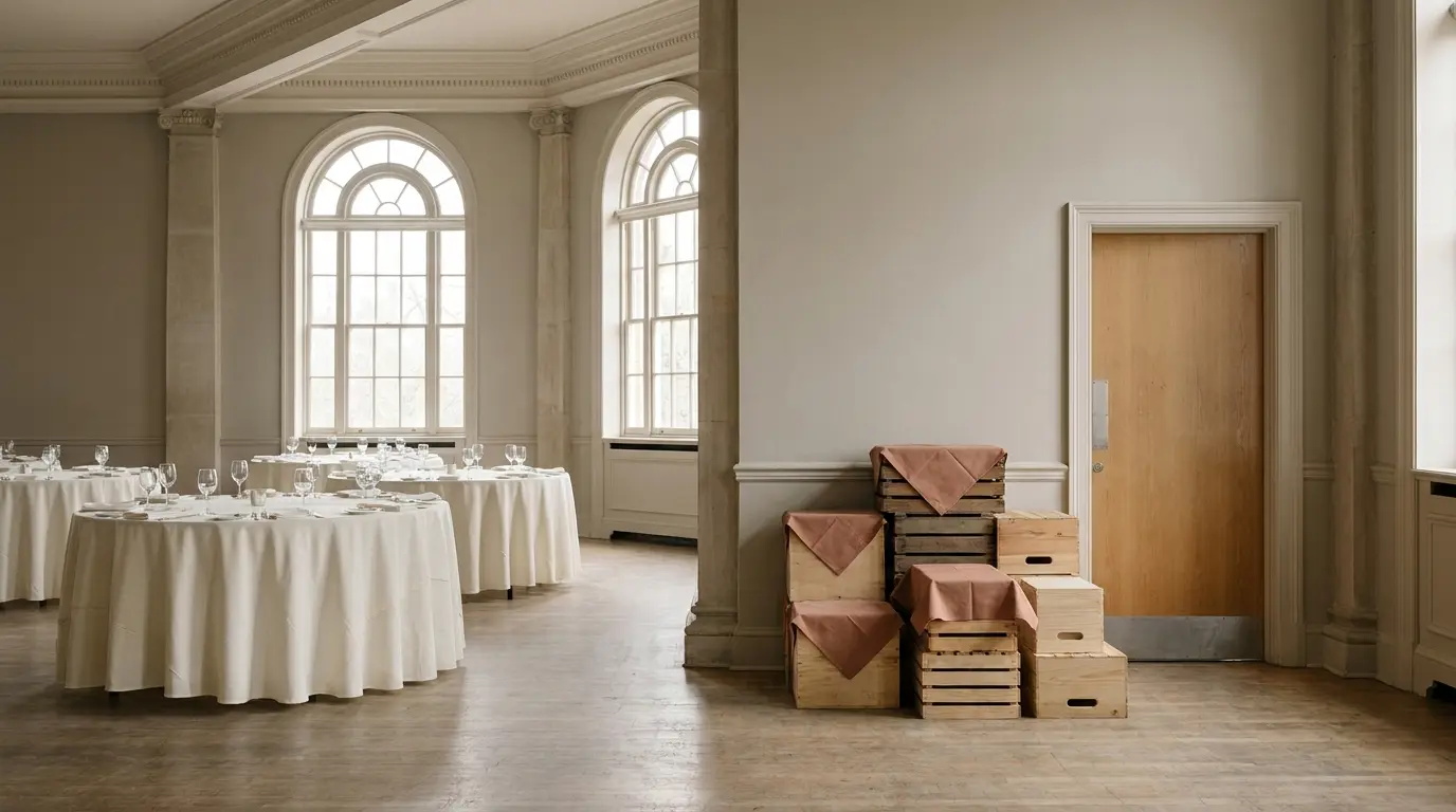 A ballroom half set with ivory tables while outside vendor crates wait by the service door.