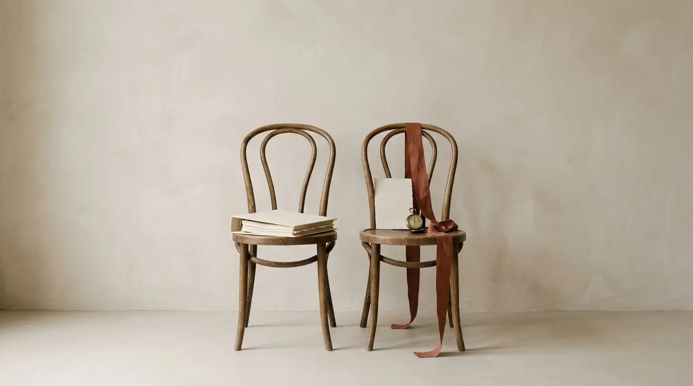 Two matching chairs against a plaster wall, one holding a thick planning binder and the other a single schedule card and stopwatch.