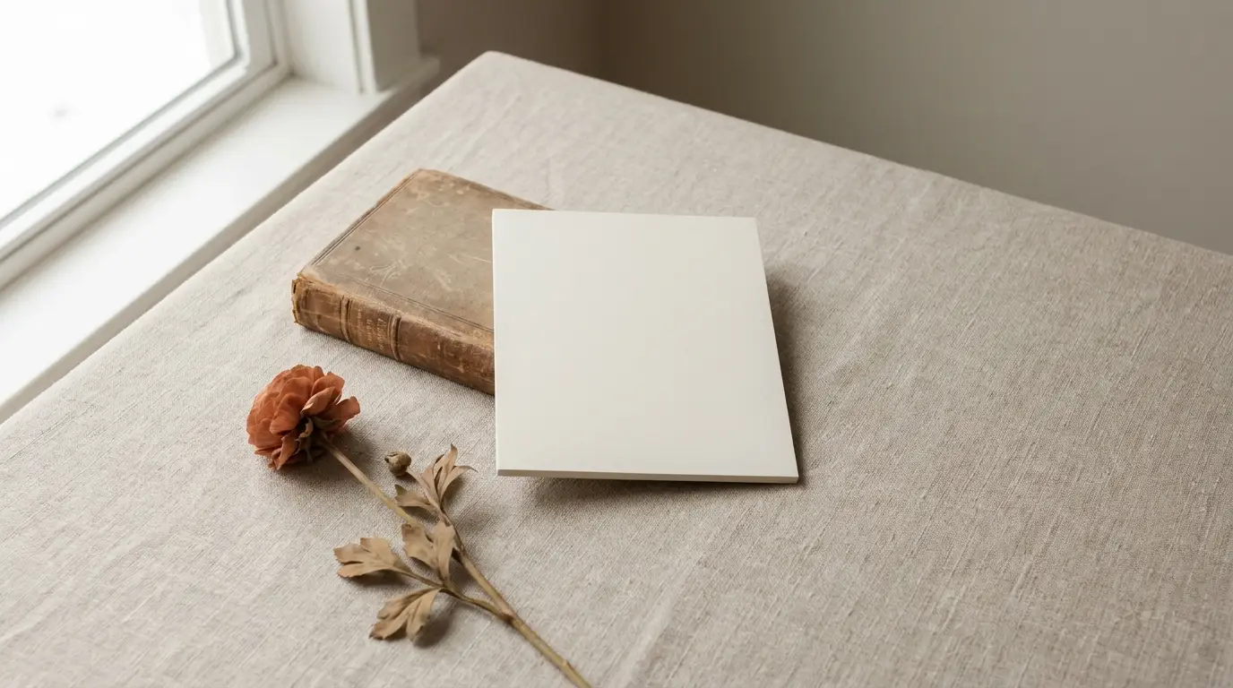 A blank reading card beside a closed antique book and a single stem.